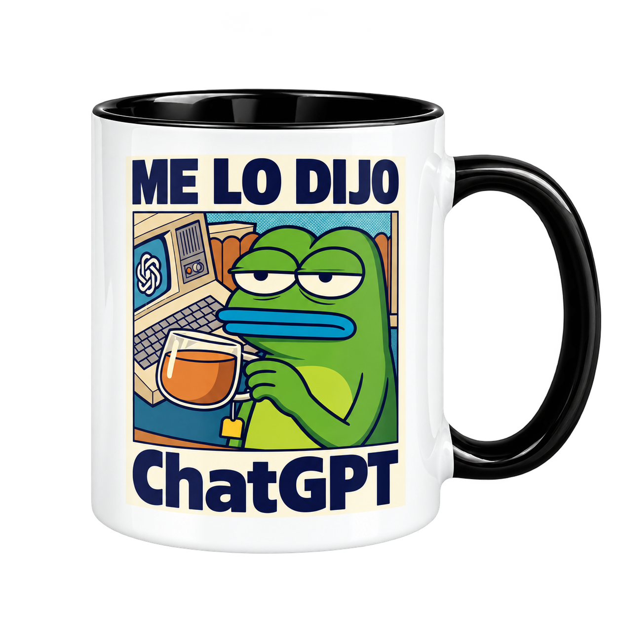 Taza bicolor con interior y asa negros y meme de rana con té diciendo Me lo dijo ChatGPT